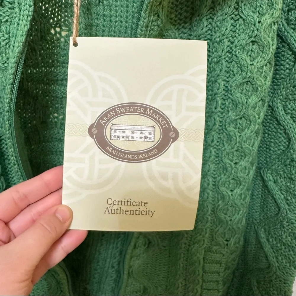 Aran Sweater Market Fisherman Merino Wool Cable Knit Zip Cardigan Green M NWT - Picture 6 of 14